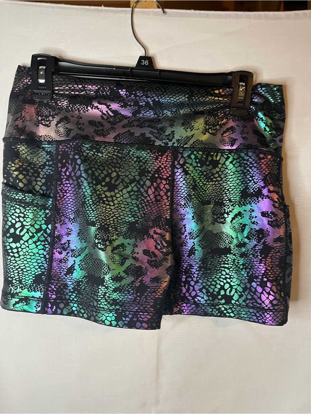 Metallic Snake-Print High-Waist Women’s Shorts in Iridescent Green/Purple